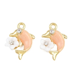 Oro Aleación con colgantes de esmalte rosa, con resina y diamantes de imitación de cristal, encantos de delfines, larga duración plateado, chapado en rack, dorado, 17x14x4 mm, agujero: 1.6 mm