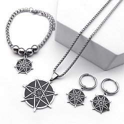 Античное Серебро 304 браслеты из нержавеющей стали с подвесками, серьги-кольца и ожерелья с подвесками, плоские круглые со звездой, античное серебро, ожерелья: 19.69 дюйм (50 см)
