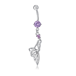 Фиолетовый Пирсинг украшения, кольцо для пупка из экологически чистой латуни с фианитом, кольца живота, с 304 стержнем из нержавеющей стали, форма русалки, фиолетовые, 57.5 мм, Кулон : 35.5x12 мм, бар: 15 калибр (1.5 мм), длина стержня: 3/8"(10мм)