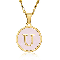 Letter U Natural Shell Initial Letter Pendant Necklace, with Golden Stainless Steel Cable Chains, Letter U, 17.72 inch(45cm)