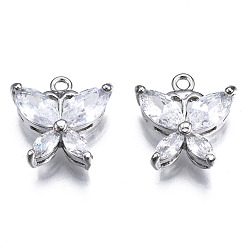 Platinum Brass Inlaid Clear Cubic Zirconia Charms, Butterfly, Platinum, 13.5x13x4mm, Hole: 1.4mm