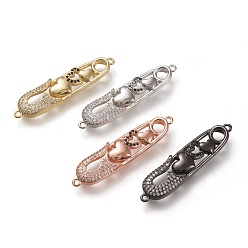 Mixed Color Brass Micro Pave Cubic Zirconia Links Connectors, Safety Pin Shape with Heart, Black & Clear, Mixed Color, 40x10x3.5mm, Hole: 1.2mm