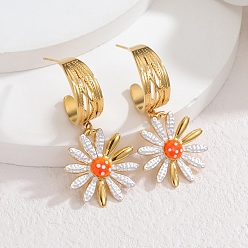 Настоящее золото 18K Цветок ромашки 304 серьги-подвески из нержавеющей стали, с эмалью, реальный 18 k позолоченный, 48 мм