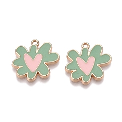 Темный Морско-зеленый Стойки обшивки сплава эмали подвески, золотые, цветок с сердечком, темно-зеленый, 18.5x20.5x1.5 мм, отверстие : 1.6 мм