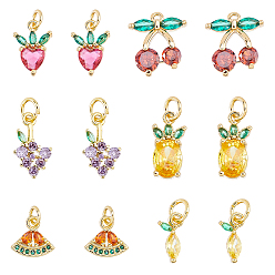 Golden 12Pcs 6 Styles Brass Micro Pave Gold Cubic Zirconia Charms, Golden, 8.8~14.5x5~12x2~4.5mm, Hole: 1.2~3.4mm, 2pcs/style