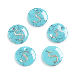Letter S Synthetic Turquoise Charms, with Plastic Letter, Flat Round, Letter.S, 15x2mm, Hole: 1.5mm