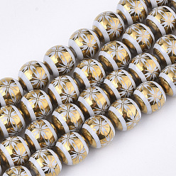 Gold Galvanisieren Glasperlen, Runde mit Blumenmuster, Gold, 10x9.5 mm, Bohrung: 1.2 mm, ca. 30 Stk. / Strang, 11.2 Zoll