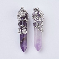 Аметист Природный аметист отметил кулоны, с платиновой и латунной фурнитурой, граненые, пуля, цветок, 58~61x15~17 мм, отверстие : 5x7 мм