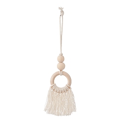 Creamy White Natural Wood Bead Tassel Pendant Decoraiton, Macrame Cotton Cord Hanging Ornament, Creamy White, 215mm