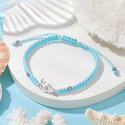 Русалка Плетеные нейлоновые шнуры регулируемые браслеты, 201 подвески-соединители из нержавеющей стали с лазерной резкой 304 браслеты из бусин из нержавеющей стали для женщин, русалка, внутренний диаметр: 2-1/8~3-1/4 дюйм (5.25x8.3 см)