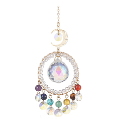 Mixed Stone Natural Gemstone Bead Pendant Decorations, Suncatchers Hanging, with Teardrop/Octagon Glass Pendants and Moon Brass Link, 245mm
