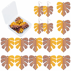 Gold Resin & Wood Pendants, Tropical Leaf Charms, Monstera Leaf Pendant, Gold, 30x28x3.5mm, Hole: 2mm, 12pcs/box