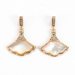 Real 18K Gold Plated Brass Micro Pave Clear Cubic Zirconia Pendants,with Natural Shell, Nickel Free, Fan, Real 18K Gold Plated, 21x15x2mm, Hole: 3.5x1.5mm