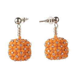 Dark Orange TOHO Japanese Seed Beads Dangle Stud Earrings, with Brass Ear Nuts, Dark Orange, 28mm, Pin: 0.8mm