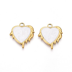 (404) Непрозрачное AB Кислое яблоко 304 подвески из нержавеющей стали, с эмалью, шарма сердца, ионное покрытие (ip), реальный 18 k позолоченный, цветочный белый, 21x19x2 мм, отверстие : 2.5 мм