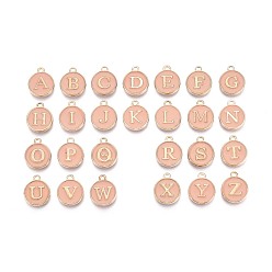 Pink Буквица a ~ z алфавит эмалевые брелоки, плоские круглые диски двусторонние брелоки, позолоченные эмалированные подвески из сплава с пайетками, розовые, 14x12x2 мм, отверстие : 1.5 мм, 26 шт / комплект