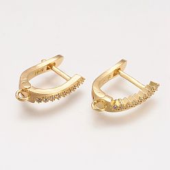 Real 18K Gold Plated Brass Micro Pave Cubic Zirconia Hoop Earring Findings with Latch Back Closure, Real 18K Gold Plated, 20x13.5x4mm, Hole: 1.5mm, pin: 1mm