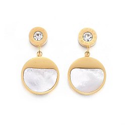 Золотой 304 из нержавеющей стали болтаться серьги, горный хрусталь и оболочки, плоско-круглые, золотые, 28.5x16x3.5 мм, штифты : 0.8 мм