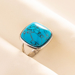 Синтетическая Бирюза Регулируемые 304 манжеты из нержавеющей стали с открытыми кольцами для женщин, квадратный, с синтетическими бирюзовый, цвет нержавеющей стали, 20 мм, внутренний диаметр: 17 мм