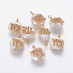 Virgo Natural Cultured Freshwater Pearl Pendants, with Brass Micro Pave Cubic Zirconia Findings, Nuggets with Constellation, Golden, Colorful, Virgo, 17~22x11~16x5~11mm, Hole: 1.6mm