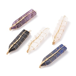 Mixed Stone Natural Mixed Stone Big Pendants, with Light Gold Tone Copper Wire Wrapped, Sword, 61~63x13.5~15x7.5~8mm, Hole: 3.5mm
