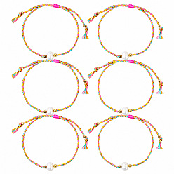Colorido Conjuntos de pulseras de cordón de algodón trenzado con cuentas redondas de perlas naturales de agua dulce para mujer, ideales para el verano., Pulseras apilables ajustables de estilo bohemio, dorado, colorido, 11.02 pulgada (28 cm), 6 PC / sistema