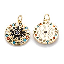 Black Real 18K Gold Plated Brass Micro Pave Cubic Zirconia Pendants, with Enamel and Jump Ring, Long-Lasting Plated, Flat Round with Flower, Black, 19x16x3mm, Jump Ring: 5x0.8mm, 3.4mm inner diameter