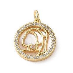 Real 18K Gold Plated Brass Micro Pave Clear Cubic Zirconia Pendants, with White Shell, Flat Round with Human Charms, Cadmium Free & Lead Free, Rack Plating, Long-Lasting Plated, Real 18K Gold Plated, 18x16x3mm, Hole: 3.5mm