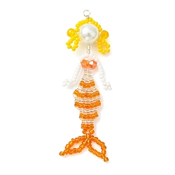 Orange Copper Wire Wrapperd Glass Seed Beads Big Pendants, Mermaid Charms, with Baking Paint Glass Pearl Round Beads, Orange, 70x21~21.5x9.5mm, Hole: 2.5mm