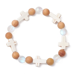 Сэнди Коричневый Браслеты из натуральных круглых бусин из дерева для женщин, крестик, с синтетической бирюзой и синтетическим лунным камнем, песчаный коричневый, бусина : 8~8.5 mm, внутренний диаметр: 2-1/4 дюйм (5.65 см)