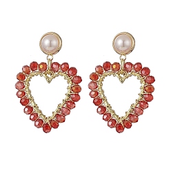 Golden Wrapped Glass Beaded Dangle Stud Earrings, Heart Brass ABS Plastic Imitation Pearl Earring for Women, Golden, 41.5mm, Pin: 0.9mm
