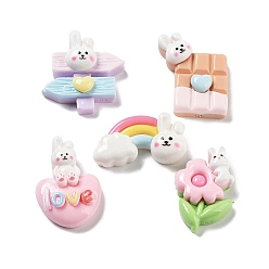 Mixed Color Rabbit Theme Opaque Resin Cabochons, Flower & Rainbow & Chocolate, Mixed Shapes, Mixed Color, 13~23x15~29.5x5~8mm