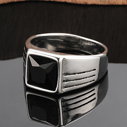 Черный Модные 304 кольца из нержавеющей стали с кубическим цирконием для мужчин, панк-стиль, прямоугольные, чёрные, размер США 7 (17.3 мм)