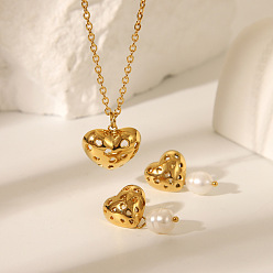 Настоящее золото 18K Полое сердце 304 комплекты из серег-гвоздиков и ожерелий с подвесками из нержавеющей стали для женщин, реальный 18 k позолоченный