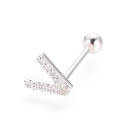 Letter V Boucles d'oreilles en argent sterling plaqué rhodium, micro pavé, zircone cubique transparente, haltère, cartilage, letter.v, 925mm, pin: 6x5.5x1.5 mm