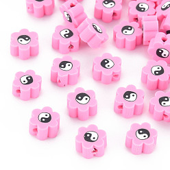 Perle rosa Manuell Polymer Ton Perlen, für DIY Schmuck Bastelbedarf, Blume mit Yin-Yang, Perle rosa, 8~9x7.5~8.5x4~4.5 mm, Bohrung: 1.6~1.8 mm