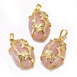 Розовый Кварц Природного розового кварца подвески, с фурнитурой латунной золотого тона, овальные с цветком, 32x20x9 мм, отверстие : 5x8 мм
