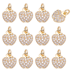 Golden 12Pcs Brass Micro Pave Clear Cubic Zirconia Charms, Apple, with Jump Ring, Golden, 11x9.5x2.5mm, Hole: 2.5mm