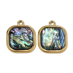 Square 304 Stainless Steel & Natural Paua Shell Pendants, Real 18K Gold Plated, Ion Plating(IP), Long-Lasting Plated, Square Charm, 30x25.5x4.5mm, Hole: 3mm