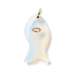 Опал Opalite подвески, Подвески в виде рыбок с латунной микропаве из прозрачных кубических цирконий, золотые, 39.5~40x20~20.5x8.5 мм, отверстие : 4x4.5 мм