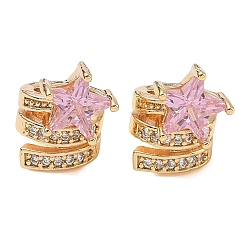 Pink Brass Micro Pave Cubic Zirconia European Beads, Large Hole Beads, Twisted Column & Star, Real 18K Gold Plated, Pink, 13x9.5x12mm, Hole: 6mm