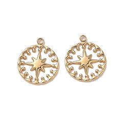 Настоящее золото 18K 304 подвески из нержавеющей стали, ионное покрытие (ip), плоский круглый с шармом в виде звезды, реальный 18 k позолоченный, 16.5x14x1 мм, отверстие : 1.5 мм