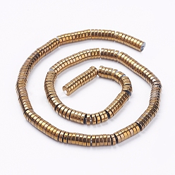 Golden Plated Electroplate Non-Magnetic Synthetic Hematite Beads Strands, Heishi Beads, Flat Round/Disc, Golden Plated, 8x2mm, Hole: 1mm, about 188pcs/strand, 15.4 inch(39.3cm)