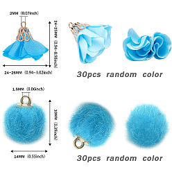 Mixed Color SUNNYCLUE Handmade Cloth Pendant Decorations, with Alloy Findings, Faux Mink Fur Covered Pendants, with Brass Loops, Round & Flower, Mixed Color, 30pcs/shape, 60pcs/set