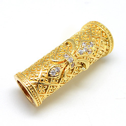 Golden Gestell Messing Mikro pflastern Zirkonia Perlen, gebogene Rohrnudelperlen, langlebig überzogen, cadmiumfrei und bleifrei, gekrümmte Rohr Perlen, Großloch perlen, golden, 28.5x8.5~10 mm, Bohrung: 6.5 mm