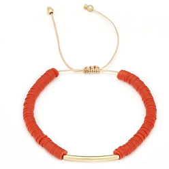 Красный Браслеты из плетеных бусин Heishi из полимерной глины, регулируемый браслет из латунных трубчатых бусин, красные, 6-1/4~10-1/4 дюйм (16~26 см)