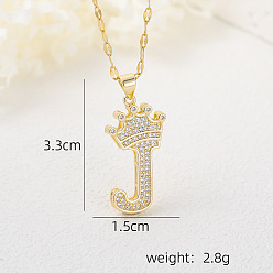 Letter J Хип-хоп латунные микропаве кубические цирконии корона инициал подвеска ожерелья, 304 ожерелья из нержавеющей стали с цепочкой для женщин, золотые, буква J, 15.75 дюйм (40 см)