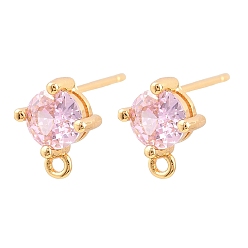 Pink Серьги-гвоздики из латуни с инкрустацией одним кубическим цирконием, плоско-круглые, с петлей, без кадмия и без свинца и без никеля, реальный 18 k позолоченный, розовые, 8.5x7 мм, отверстие : 1 мм, штифты : 0.7 мм