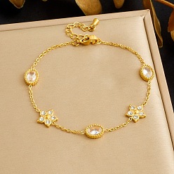 Цветок 304 браслеты из нержавеющей стали с прозрачными циркониевыми звеньями, браслеты-цепочки для женщин, золотые, цветок и овал, 6.30 дюйм (16 см)