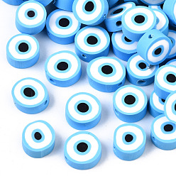 Темно-Голубой Бусины из полимерной глины , плоские круглые с сглаза, глубокое синее небо, 9~10x3.5~4.5 мм, отверстие : 1.5 мм